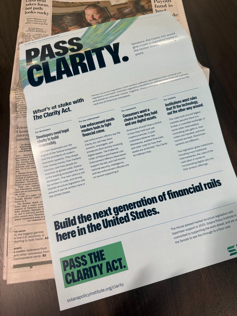 SolanaInstitute's tweet photo. In this final week before recess, we urge the Senate to pass the Clarity Act and give Americans a clear, workable framework for digital assets. Read more about what's at stake in today's @WashingtonPost. https://t.co/M26EnrBJyn