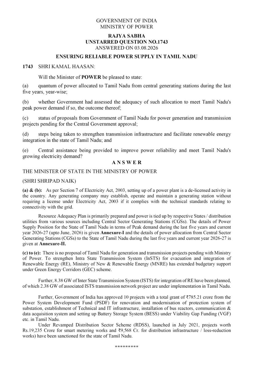 ikamalhaasan's tweet photo. My unstarred Question in Parliament to the Ministry of Power sought to determine whether Tamil Nadu is receiving adequate electricity to meet its growing demand.

Power is more than megawatts on a spreadsheet. It is the electricity that keeps a factory running through the night, powers a student's study lamp and sustains a farmer's livelihood.

The data placed before Parliament shows that Tamil Nadu's peak electricity demand has grown significantly over the last five years, while its  allocation from Central Generating Stations has not kept pace. 

Across Tamil Nadu, citizens have struggled with power cuts and outages even as the official narrative suggests everything is well. Tamil Nadu powers India's growth, it deserves transparent planning, timely investments and a fair share of the nation's power infrastructure.

#EnergyJustice #PoweringTamilNadu