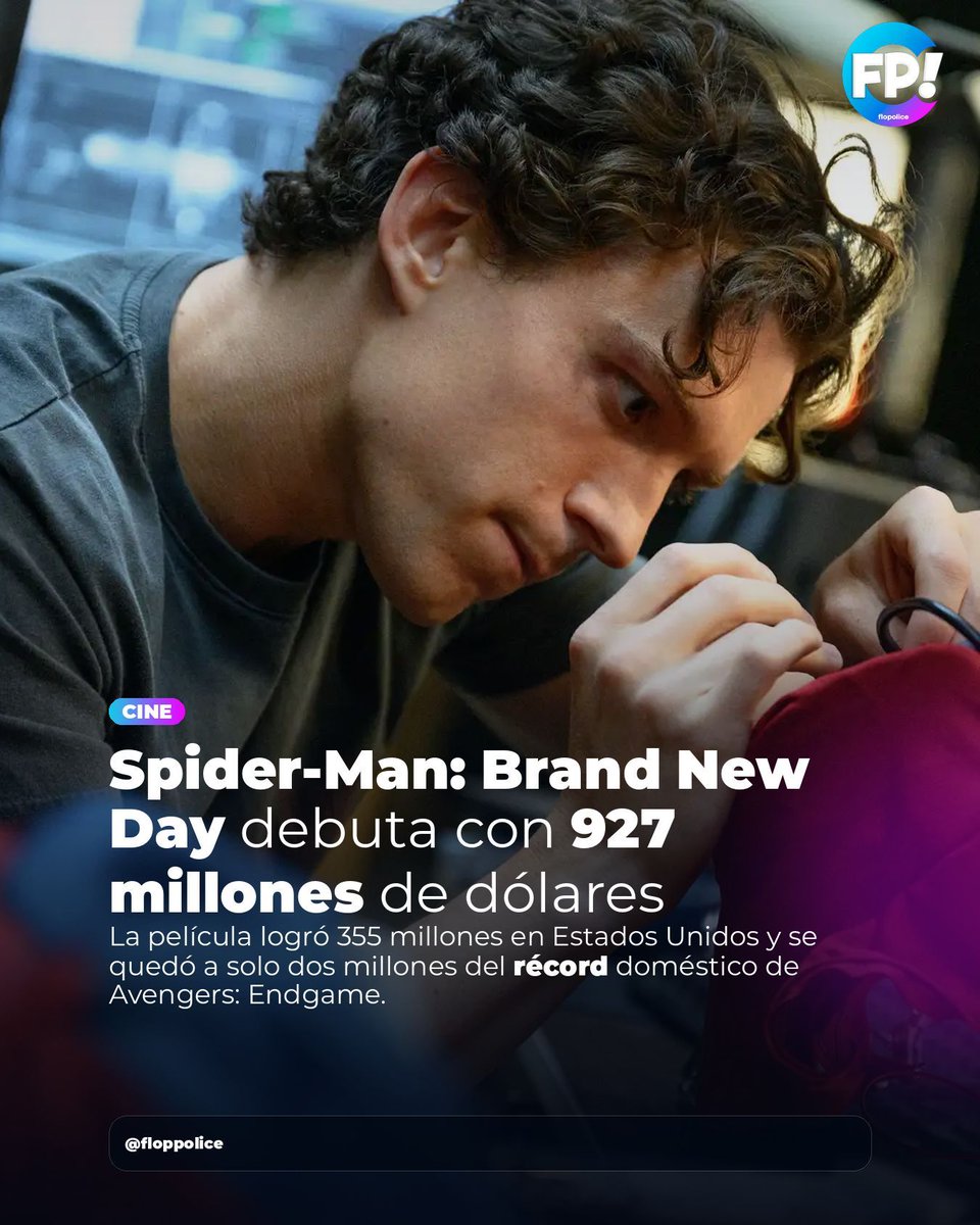 _floppolice's tweet photo. 🕷️🔥 Spider-Man: Brand New Day arrasó en su estreno mundial con 927 millones de dólares. La película recaudó 355 millones solo en Estados Unidos y quedó a apenas dos millones del récord histórico de Endgame. 
¿Superará los 2 mil millones? 👀👇

#SpiderManBrandNewDay #TomHolland https://t.co/Soy6BZBjDo