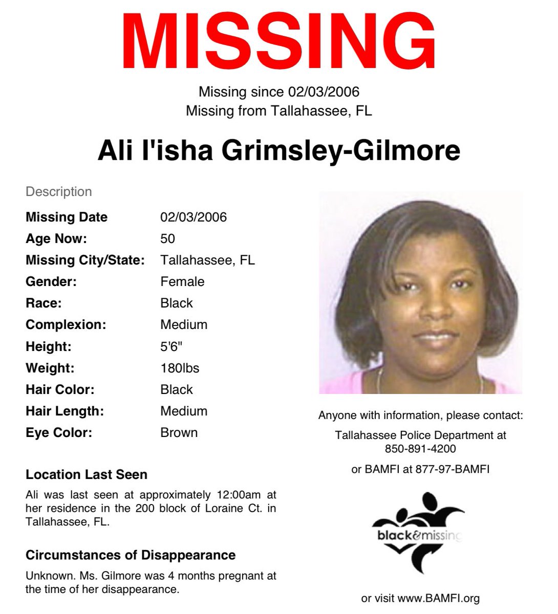 BAM_FI's tweet photo. #Tallahassee, #FL: Then 30y/o Ali was last seen at around 12am at her residence in the 200 block of Loraine Ct on February 3, 2006. She was 4 months pregnant at the time of her disappearance.

Please SHARE to #HelpUsFindAliGilmore #AliGilmore #HelpUsFindUs https://t.co/zdbG80MNbA