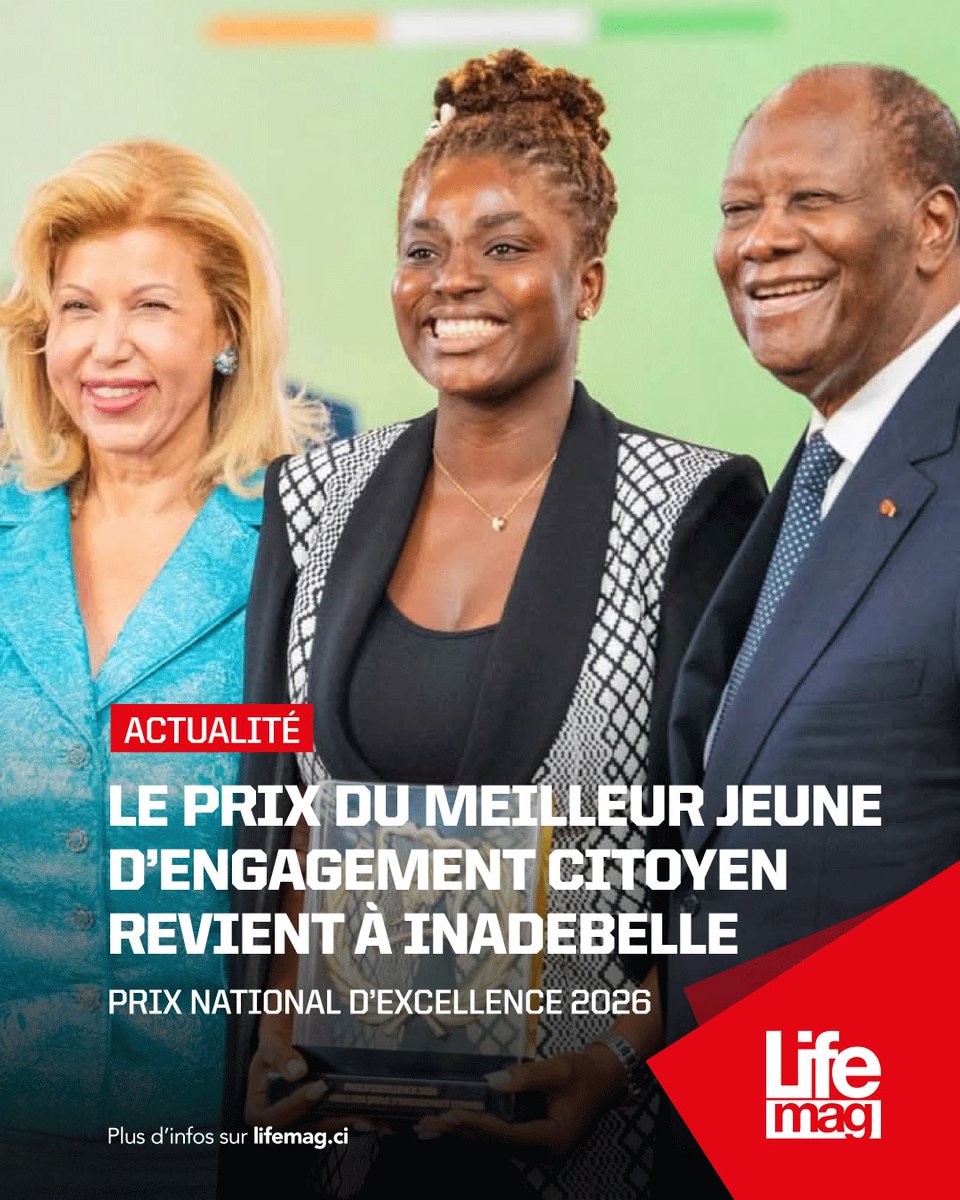 LifeMagazine_CI's tweet photo. #NEWS 🔴 Inadebelle reçoit le Prix Nationale d’Excellence 🇨🇮 du Meilleur Jeune d’Engagement Citoyen 👏
#lifemagci #Inadebelle #PNE2026 https://t.co/chcuGr6Auh