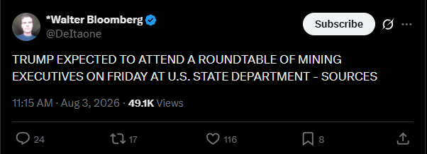 USAC_Bull's tweet photo. 🚨 BREAKING: President Trump is expected to attend a roundtable of mining executives at the State Department on Friday, per sources.

Domestic mineral policy. Room full of operators.

Friday may show which operators Washington actually trusts. 

$UAMY