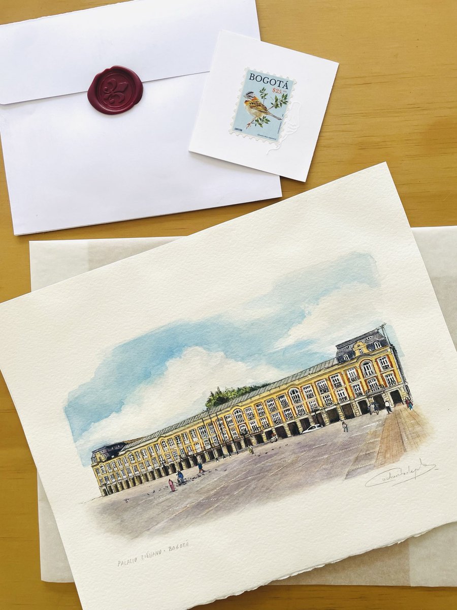 cucharitadepalo's tweet photo. Dibujé el Palacio Liévano para una comisión y así se va a su nueva casa.

*Sí, estoy estrenando sello de lacre para los certificados de autenticidad 💅🏽. https://t.co/9DfsPisQit