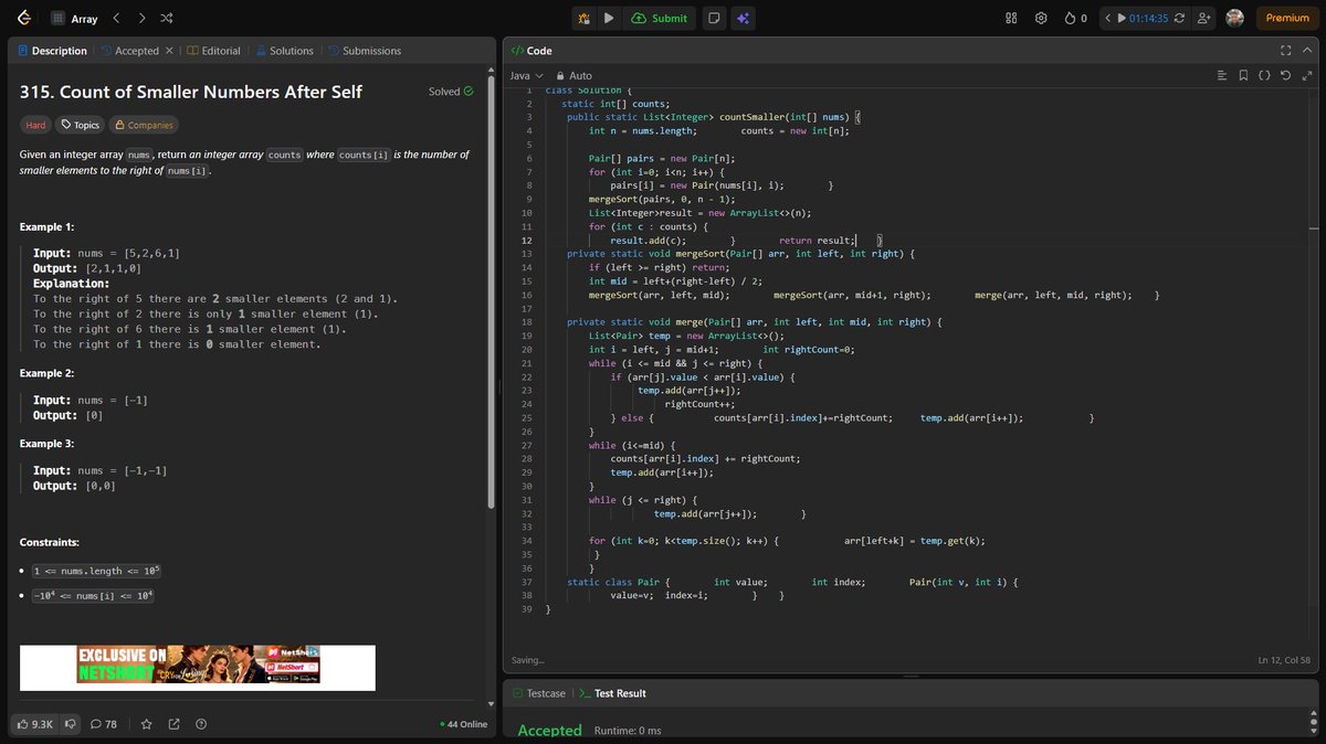Ankitdotdev's tweet photo. Day 194/365 of the DSA grind! 
Greedy, Bitmasks, & Modified Merge Sort:
• Patching Array (Hard): A greedy approach! Tracked the smallest unreachable sum miss and optimally patched by doubling miss when needed.
• Max Product of Word Lengths: Converted words into 32-bit integer masks. Checked for shared letters instantly using (mask1 & mask2) == 0!
• Count of Smaller Numbers (Hard): Hacked the Merge Sort algorithm to count smaller elements jumping from the right half in pure O(N log N) time!

#DSA #Java #100DaysOfCode #LeetCode #MergeSort #Algorithms