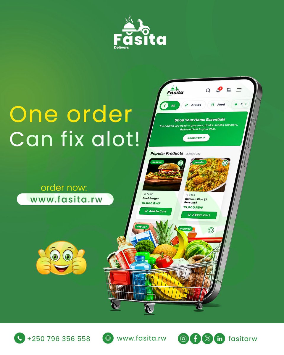 fasitarw's tweet photo. One order. Endless convenience. 🛒⚡
From groceries and meals to your daily essentials, Fasita delivers fast, so you can focus on what matters most.
🌐 https://t.co/1CeffWemdE 📞 +250 796 356 558

#delivery #kigali #huye https://t.co/WnackvSZIK