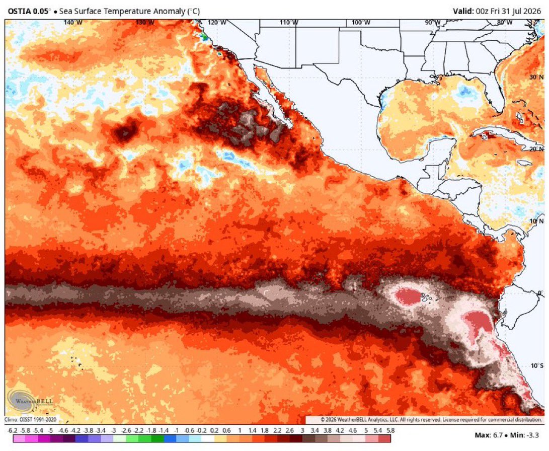 jason61987's tweet photo. Monday August 3, 2026, 8:39 AM PDT/ 11:39 AM EDT: Important and critical Latest EU1 dropped this morning at 5:00 AM shows all of California into the upcoming rainy season with a strengthening strong to powerful El Nino right before Halloween or before Christmas and Hanukkah depending on the main Aluetian low axis setup. This is when powerful Pacific Jet extension is likely to start. Of course, January to February is usually when we get the worst of atmospheric rivers and onslaught unforgiving non stop Pacific storms from your favorite places: the “Marshall Islands and Fiji, and Hawaii.  

Combo storms from the Gulf of Alaska and tropical collision as well. Rainfall amounts shown on this map are 7 - 15 times stronger; at least one of these long duration storms axis may produce 10 - 25 inches of one to two-week rainfall and heavy to record-breaking mountain snow. 

This also causes a powerful subtropical jet stream to slam Arizona, New Mexico, Texas, Arkansas Louisiana, Mississippi, Alabama, Georgia, Florida, South Carolina, and North Carolina, Mid-Atlantic states will see nasty flooding and severe tornado outbreaks, and yes powerful Nor'easters into the Northeast U.S. Unfortunately Europe will see nasty winter conditions. Many local officials and state governments need to take this seriously for damage in the billions this upcoming Winter 2027. This is not fear mongering to inform all of what reality truly is trending. 

As you know this will cause significant floods and mudslides in all burn areas new and old. Severe to crippling beach, erosion and dangerous northwest waves will become more common with these storms. 

Especially now, the 3.4 region has hit 1.5C which is strong El Niño criteria. Even more significant off the coast of Peru in the Nino 1.2 region is now 3.2 Celsius, which is unbelievably impressive. #CAwx #TXwx #FLwx #Europe #ElNino