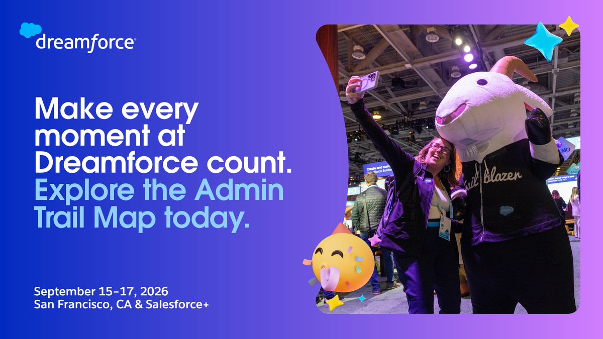 SalesforceAdmns's tweet photo. Wondering how to spend your three days at #DF26? Start here.

Check out the Admin Trail Map for:
✨ Handpicked sessions
🤝 Admin experiences
🎤 Can't-miss moments like the Admin Keynote and Admin Meadow

Register and explore the Trail Map: https://t.co/Yt6d2pXyag https://t.co/5Y4EyV7np3