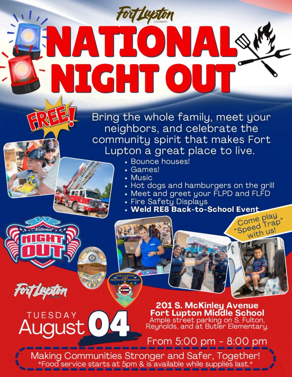 FortLuptonPD's tweet photo. Join us tomorrow for National Night Out. Come enjoy food, games, entertainment, and meet your First Responders. https://t.co/RRM7YBFVGk