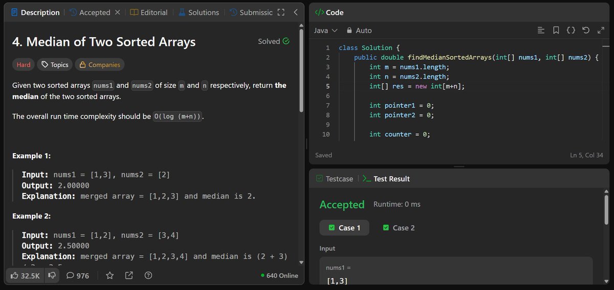 _chandan_21's tweet photo. Day 18 of #183DaysOfCode
DSA:
- 5× CodeForces (900-rated) from the CP-31 sheet
- Continued Binary Search: worked on Minimize Max Distance to Gas Station (brute force), will learn the optimal approach
- Solved Median of Two Sorted Arrays in O(N+M), need to work on optimal soln. https://t.co/xl3zblkyIF