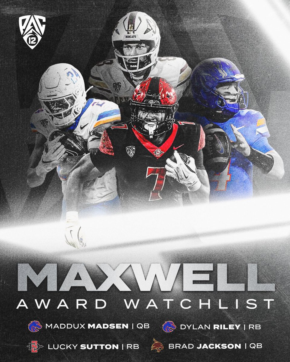 pac12's tweet photo. Maddux Madsen, Dylan Riley, Lucky Sutton and Brad Jackson have earned spots on the Maxwell Award Watch List for College Football Player of the Year 🔥

learn more: https://t.co/AtS3PixpF6 https://t.co/45Rr5nUD7p