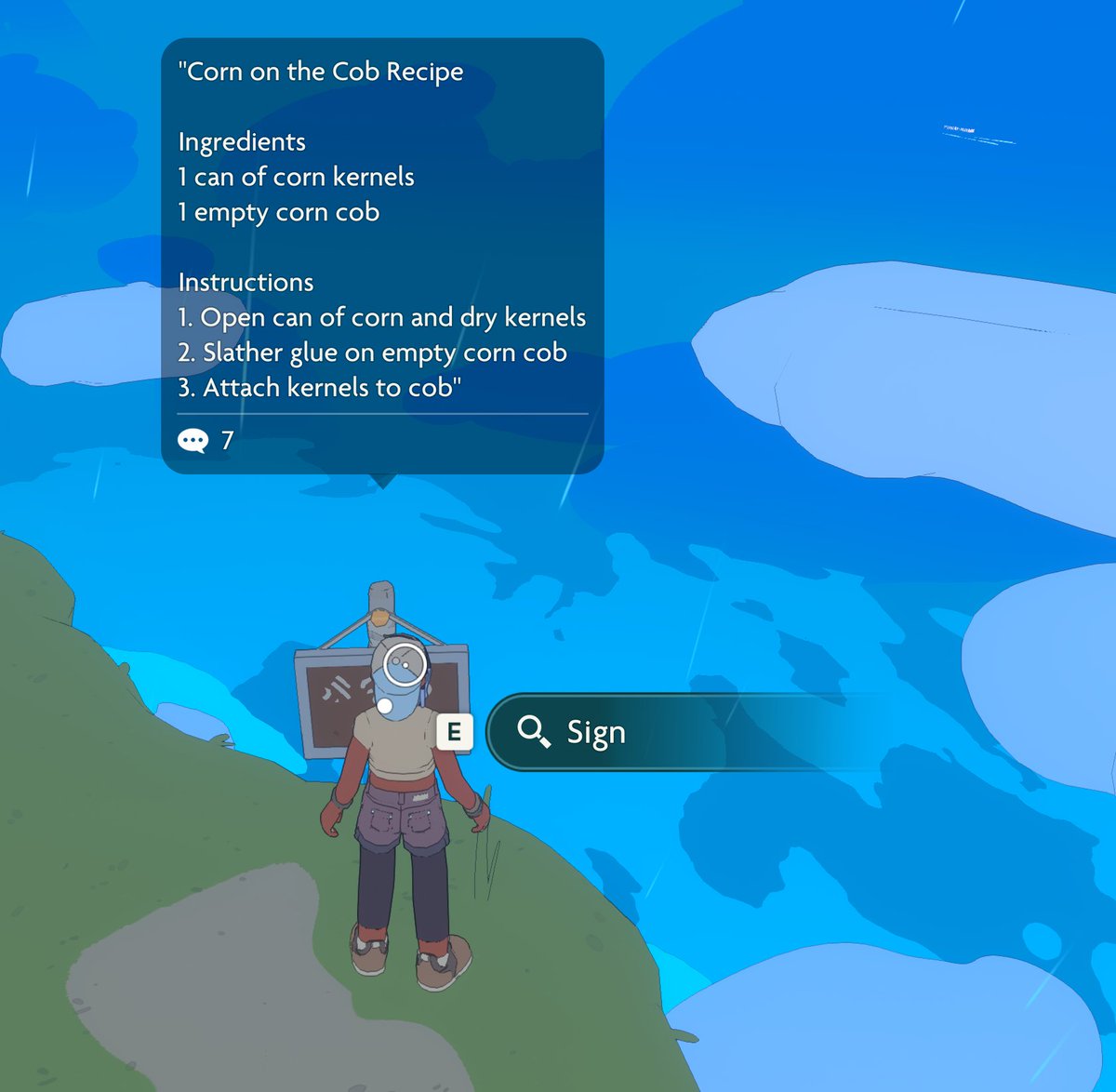 spryfox's tweet photo. in Spirit Crossing, we added player-placeable signs to the Wilderness.

we've seen inspirational notes behind waterfalls, movie recommendations, fashion shows, homages to pets, and now.. corn on the cob.

video games. 🤠

playtest now live on Steam:
https://t.co/7nJNkqigwL https://t.co/4RQ7Zv31uy