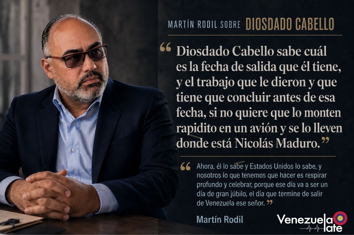 VLate2025's tweet photo. ⏳ Martín Rodil fue claro: el chavismo ya tiene fecha de caducidad, y se conoce puertas adentro: julio del año que viene. Detrás de eso, dice, hay un desmontaje silencioso en marcha, oficiales del cartel de los soles pasando a retiro sin ruido, colectivos desarticulados sin comunicados de por medio.

Diosdado Cabello no es la excepción: ya sabe cuál es su fecha de salida. Y cuando llegue, dice Rodil, va a ser un día de gran júbilo. @VLate2025