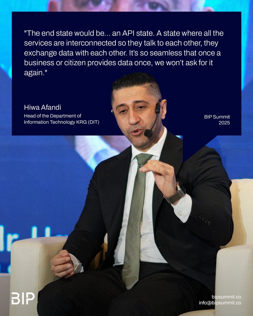 BIPSummit's tweet photo. At BIP Summit 2025, Hiwa Afandi, Head of the Department of Information Technology (DIT) at the KRG, shared his vision for a digital-first government built on integrated systems, digital identity, and data-driven public services.

From creating a unified digital identity to enabling seamless data exchange across government institutions, his insights highlighted how technology can simplify services, improve efficiency, and strengthen the relationship between governments, businesses, and citizens.

Swipe through to explore some of the key perspectives from the discussion.

#BIPSummit