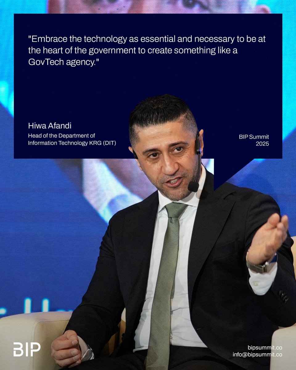 BIPSummit's tweet photo. At BIP Summit 2025, Hiwa Afandi, Head of the Department of Information Technology (DIT) at the KRG, shared his vision for a digital-first government built on integrated systems, digital identity, and data-driven public services.

From creating a unified digital identity to enabling seamless data exchange across government institutions, his insights highlighted how technology can simplify services, improve efficiency, and strengthen the relationship between governments, businesses, and citizens.

Swipe through to explore some of the key perspectives from the discussion.

#BIPSummit