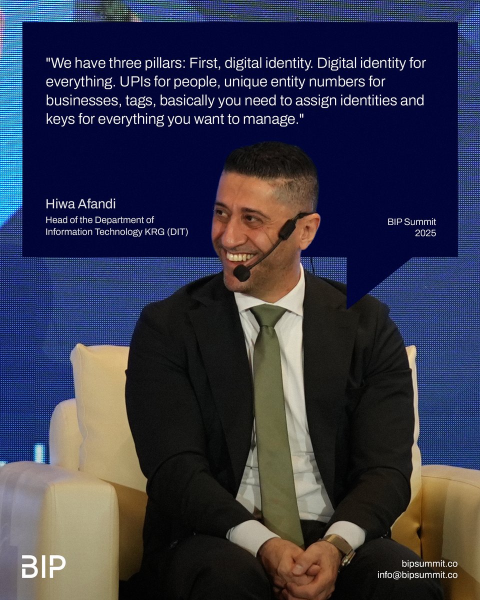 BIPSummit's tweet photo. At BIP Summit 2025, Hiwa Afandi, Head of the Department of Information Technology (DIT) at the KRG, shared his vision for a digital-first government built on integrated systems, digital identity, and data-driven public services.

From creating a unified digital identity to enabling seamless data exchange across government institutions, his insights highlighted how technology can simplify services, improve efficiency, and strengthen the relationship between governments, businesses, and citizens.

Swipe through to explore some of the key perspectives from the discussion.

#BIPSummit