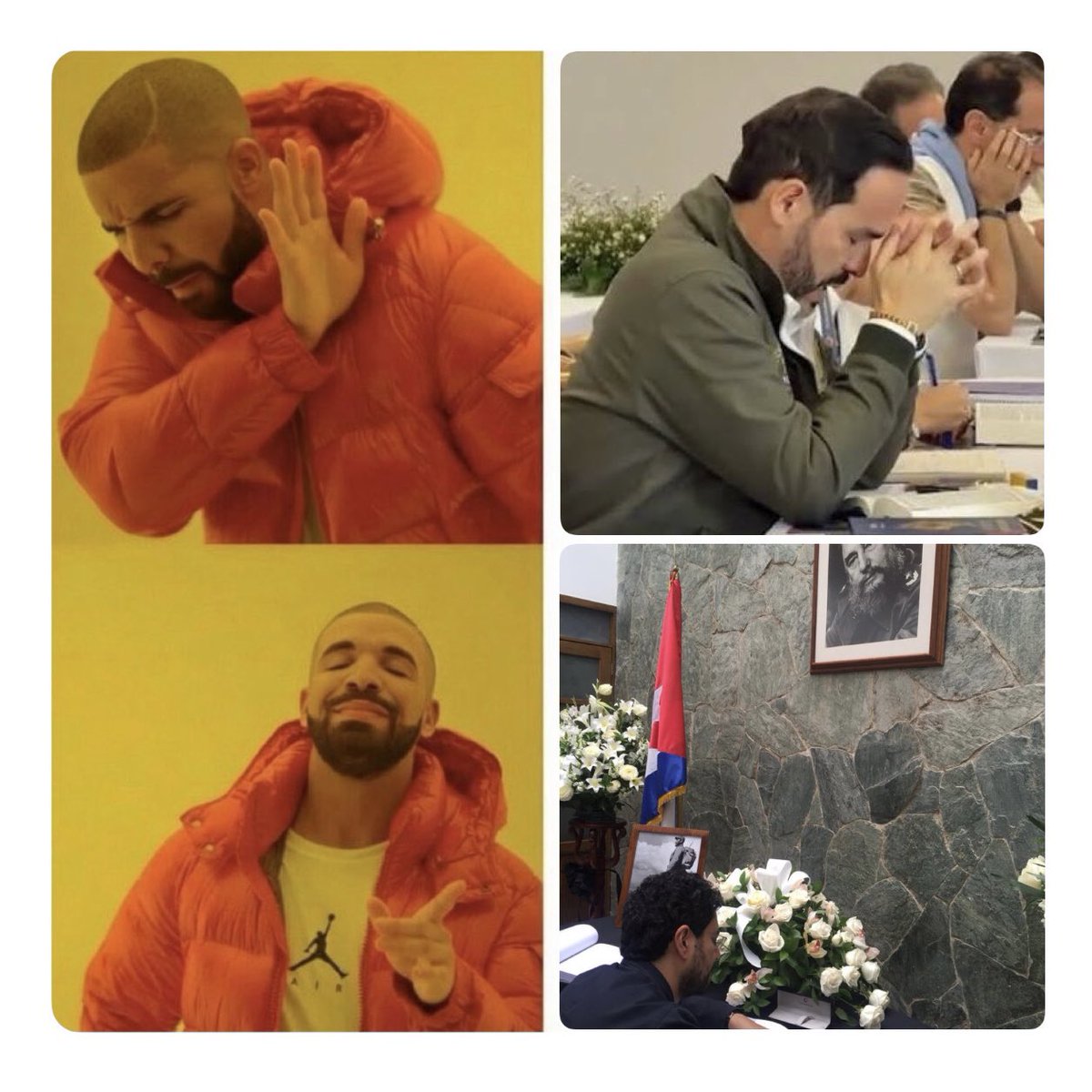 JulianClavijoO's tweet photo. Se escandalizan con @ABDELAESPRIELLA orando bajo el cuento del "Estado laico", pero veneran la foto de Fidel Castro. Grotesco es ese doble rasero, como grotesco es el saqueo a la UNGRD, darle poder a impresentables y tener a sus propios compañeros de gabinete en la cárcel por jugaditas de votos.