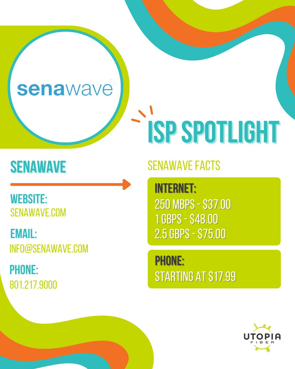 UTOPIAFiber's tweet photo. Happy August! Starting off the month with another ISP spotlight - Say hello to SenaWave! Bringing reliable and affordable internet to our communities is what we're all about 💚
More info here!
🔗 https://t.co/vPRy6rpAuQ
#UTOPIAFiber #Fiberinternet #ChosenByUtah #OpenAccess #B2B #Broadband #Utah