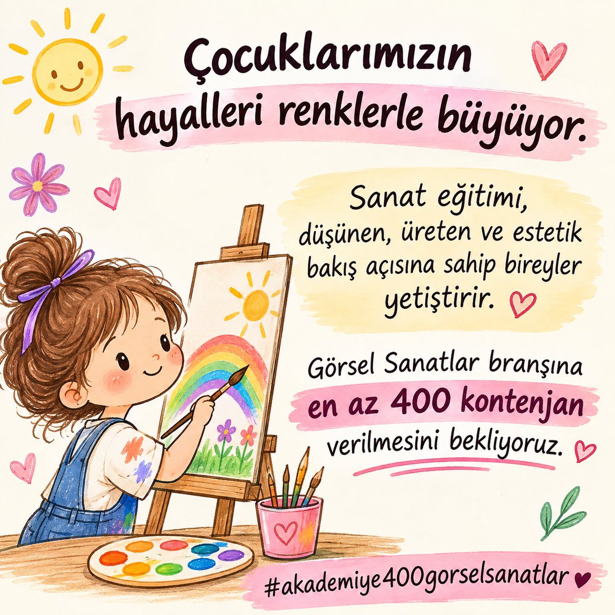 minemesiss's tweet photo. Her çocuk sanatla tanışmayı hak eder. Bunun yolu da yeterli sayıda Görsel Sanatlar öğretmeninden geçer. Branşımıza en az 400 kontenjan bekliyoruz.
#akademiye400gorselsanatlar
@tcmeb
@Yusuf__Tekin https://t.co/eJD2HZAcvM