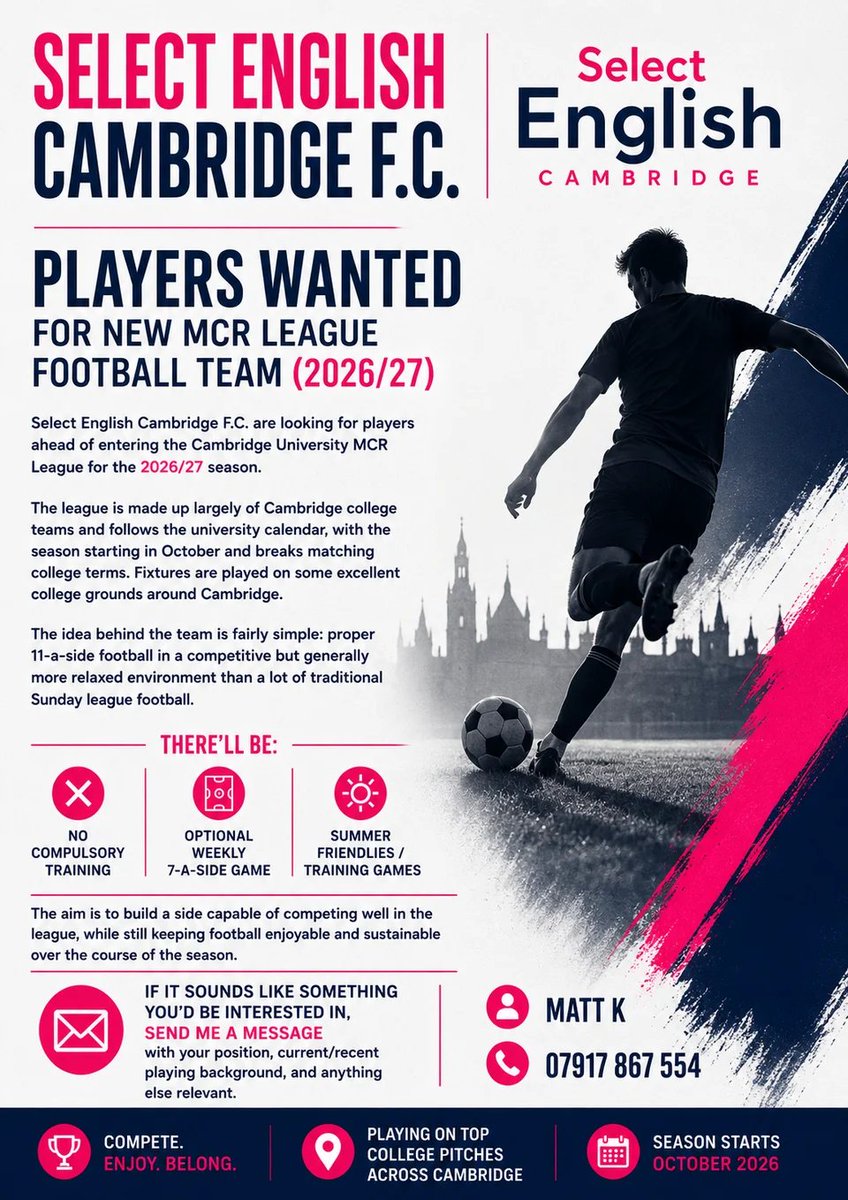 KingBillCDFL's tweet photo. King Bill CDFL, @kingbillfc &amp; our new Cambridge Uni MCR League team, Select English Cambridge, are looking for players. 

Sundays, 10.30am kick-offs, in and around Cambridge

If you're interested in joining a team, with three teams at the club, we'll likely have the team for you! https://t.co/SxIEGYAAdF