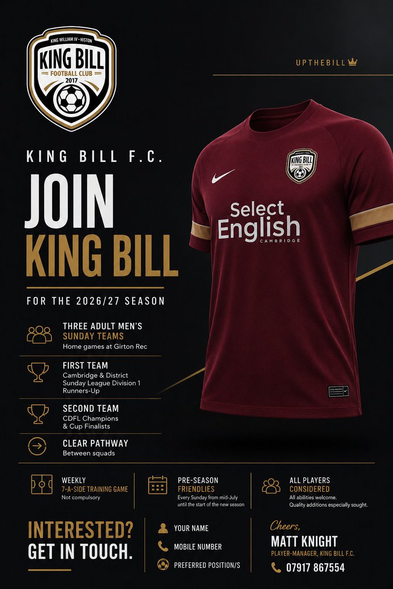 KingBillCDFL's tweet photo. King Bill CDFL, @kingbillfc &amp; our new Cambridge Uni MCR League team, Select English Cambridge, are looking for players. 

Sundays, 10.30am kick-offs, in and around Cambridge

If you're interested in joining a team, with three teams at the club, we'll likely have the team for you! https://t.co/SxIEGYAAdF
