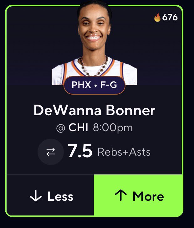 FighterPicks's tweet photo. 🏀 WNBA POTD
🔒 DeWanna Bonner OVER 7.5 R+A

Bonner has CRUSHED this clearing it in 5 of her last 6 GAMES. She’s averaging a MASSIVE 11.3 R+A in her LAST 3🔥🔥🔥 https://t.co/GdJTRX84Cs