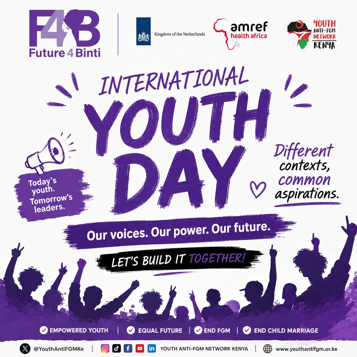 YouthAntiFGMKe's tweet photo. The countdown is on
In just a few days, we come together to celebrate the voices, ideas, diversity and leadership of young people.

This International Youth Day, we are celebrating young people who are speaking up, creating solutions, challenging harmful norms and leading change https://t.co/MltGLfObOg
