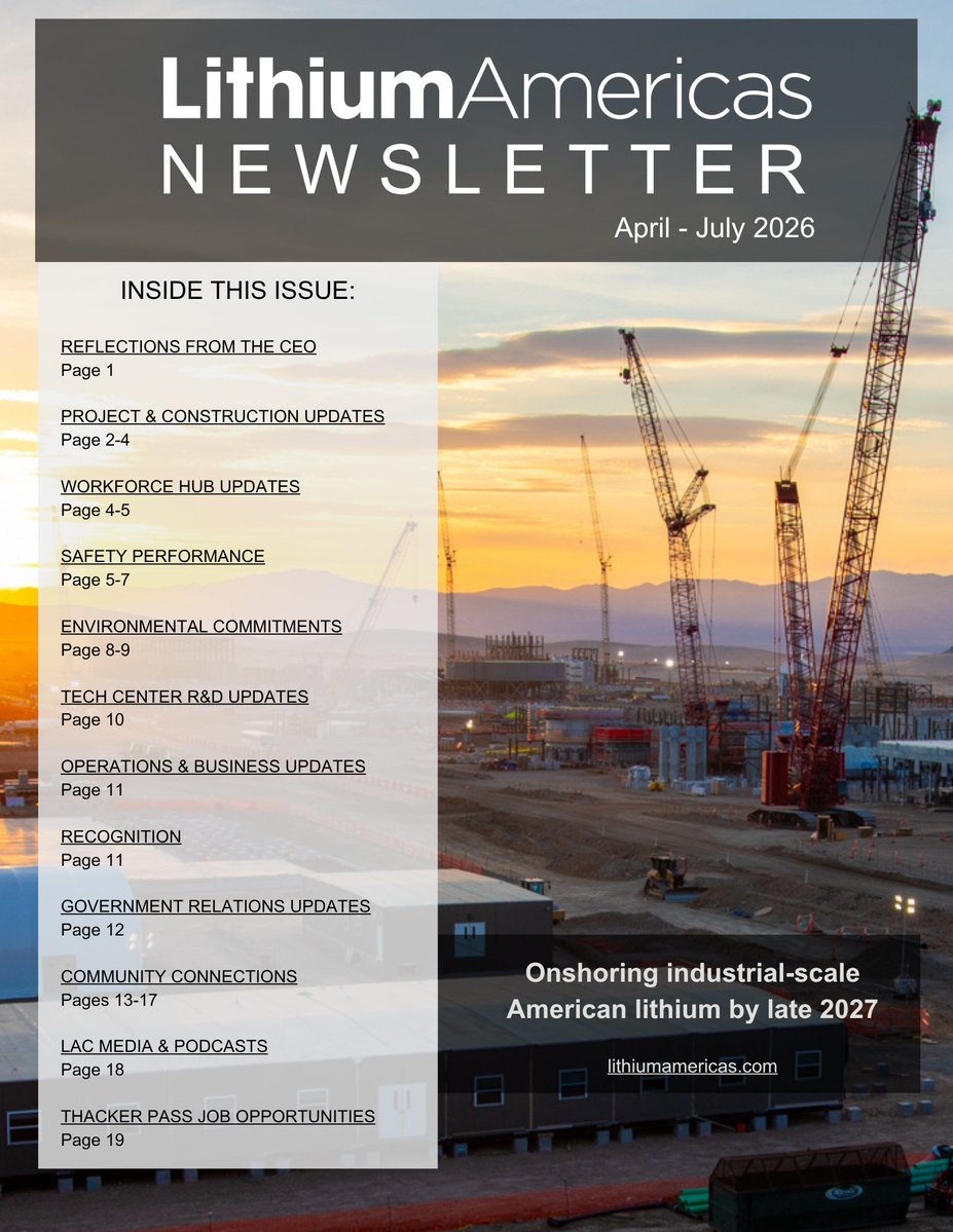 LithiumAmericas's tweet photo. We’re excited to share our Summer 2026 Community Newsletter that includes:
- Construction progress at @ThackerPass 
- Achieving a safety milestone of 3 million work hours with no lost time incidents
- Mental Health First Aid training during Mental Health Awareness Month
- The publication of our 2025 ESG-S Report
- Delivering a $5 million investment to the Fort McDermitt Paiute and Shoshone Tribe's Building Fund, in accordance with our Community Benefits Agreement
- Job opportunities at Thacker Pass with LAC, Bechtel Corporation, Sawtooth Mining and Target Hospitality 

Read the newsletter here
https://t.co/JwQGbeJDxs

$LAC #lithium #Nevada