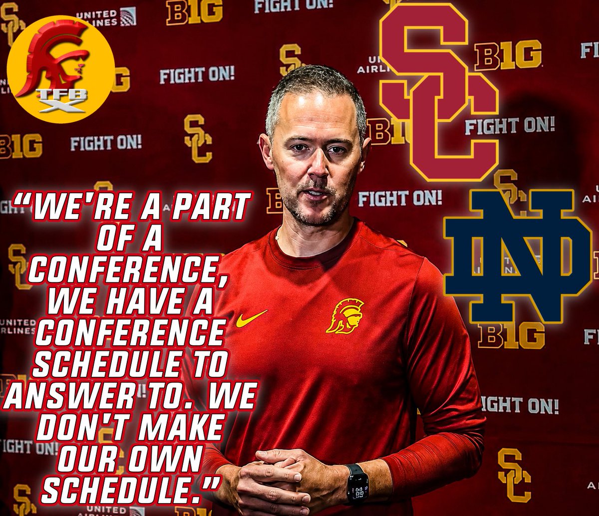 TrojanFBx's tweet photo. Lincoln Riley at USC Media Day on renewing Notre Dame Rivalry and scheduling early on the schedule: https://t.co/c3FZay7dfF