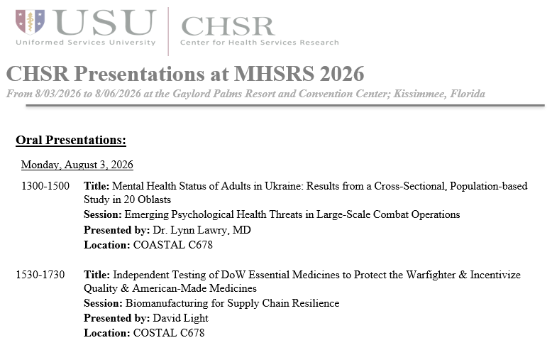 CHSR_USU's tweet photo. The CHSR is at #MHSRS! Today we have two oral presentations in the afternoon. We can't wait to see you there and throughout the week!
@USUhealthsci @HJFMilMed @AMSUS https://t.co/NVZ1WEjpF0