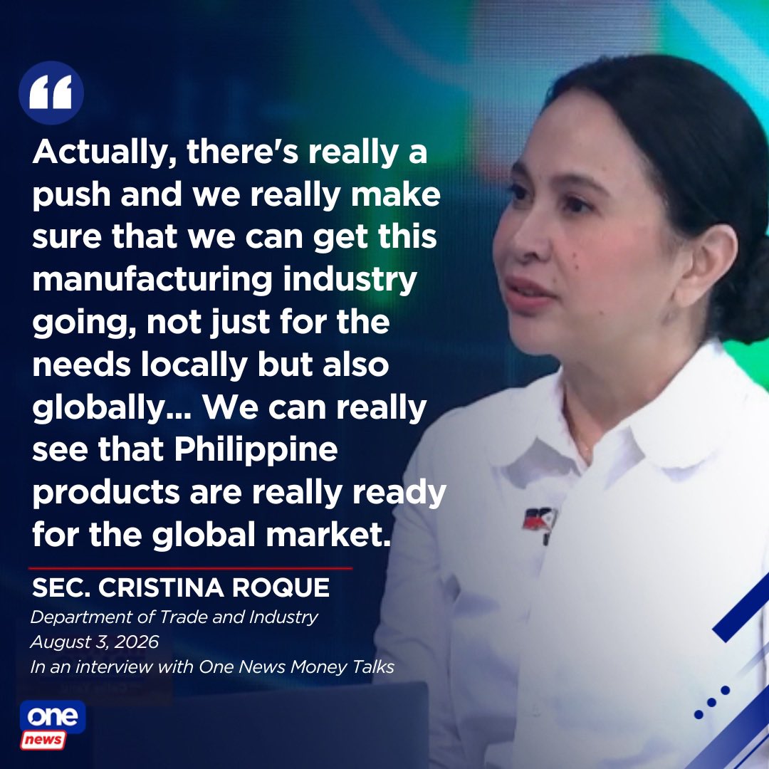 cathyyang's tweet photo. The Department of Trade and Industry asserts that it is helping the manufacturing industry to unlock all opportunities and possibilities for companies.

Trade Secretary Cristina Roque says this as the Philippines manufacturing purchasing managers’ index expanded for the third straight month to 51.8 in July from 50.9 in June, according to S&P Global.

“We can really see that Philippine products are really ready for the global market,” Roque told One News’ “Money Talks.” | via Money Talks

📷: One News
 WATCH: https://t.co/4MnlWUpEJ4
