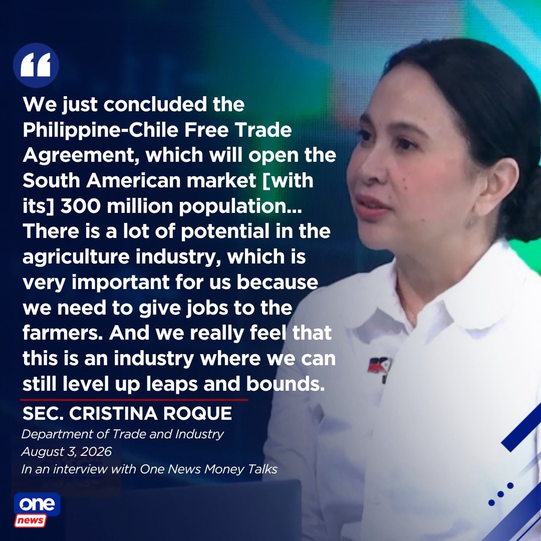 cathyyang's tweet photo. The recently concluded free trade agreement between the Philippines and Chile will stand to benefit the agricultural industry, according to Trade Secretary Cristina Roque.

Roque tells One News’ “Money Talks” that the agreement will open the doors of the South American market with its 300 million population.

Asked what the Philippines will gain from the agreement, Roque said it will provide jobs to farmers. Products that the government will push include coconut, pineapple, banana, ube and calamansi—the last two seen as “rising stars” in the global market. | via Money Talks

📷: One News
 WATCH: https://t.co/4MnlWUpEJ4