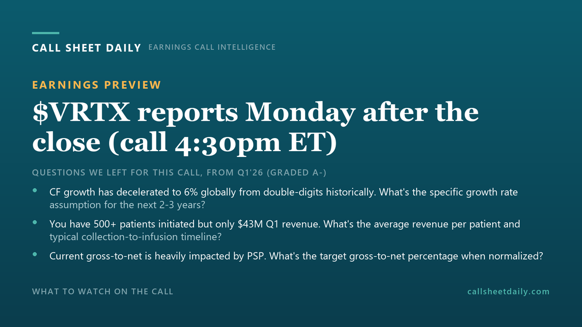 SF_trdr's tweet photo. $VRTX reports Monday after the close (call 4:30pm ET).

Three things we flagged at the end of last quarter's call sheet:

1/ CF Growth Trajectory
2/ KASJEVY Revenue Timing
3/ GERNAVICS Gross-to-Net

Q1'26 graded A-. Prior call sheet https://t.co/7mplfHkhnj