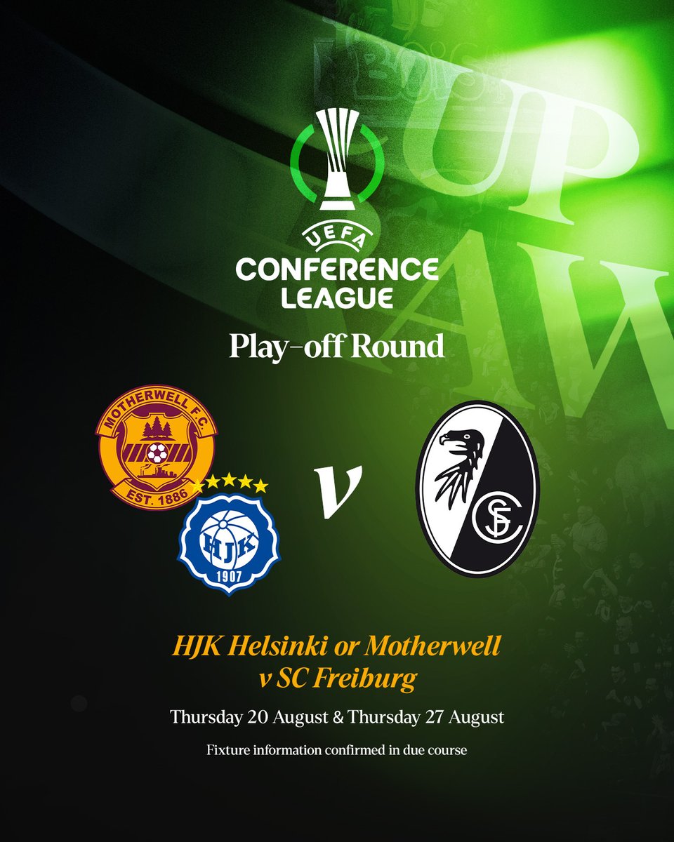 MotherwellFC's tweet photo. The winners of the tie between Motherwell and HJK Helsinki will take on SC Freiburg (GER) in the UEFA Conference League playoff round.  

Matches are set to be played on Thursday 20 August and Thursday 27 August. https://t.co/pe6jshaNdF