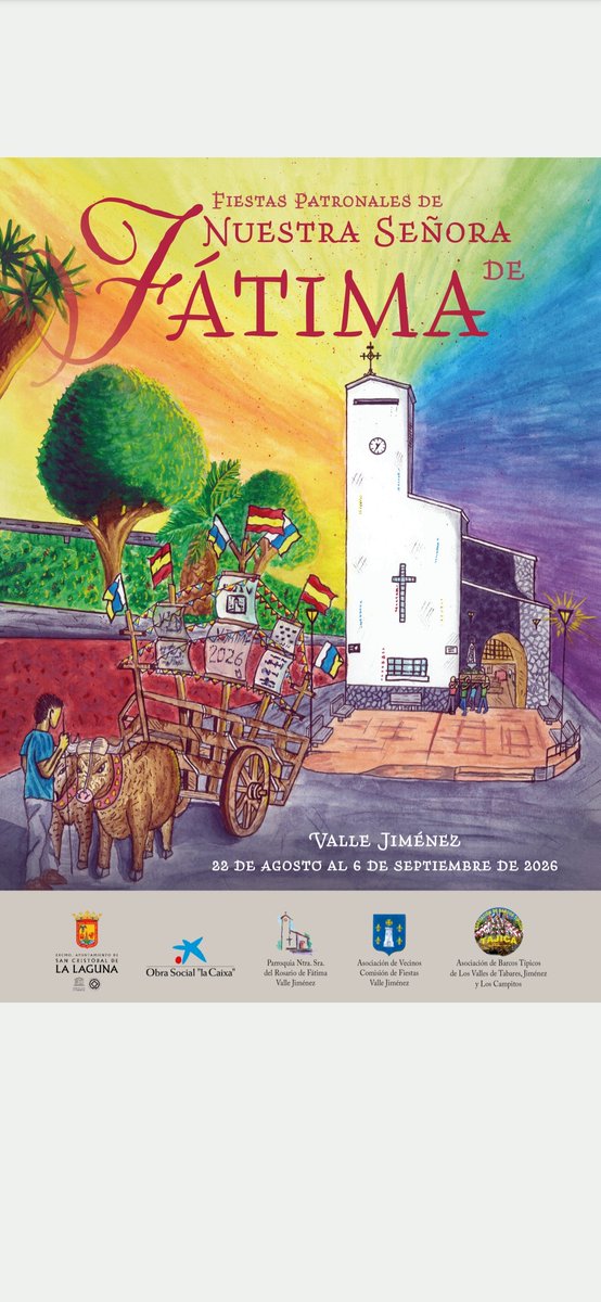 vallejimenez_es's tweet photo. Estimados vecinos 📢

Les compartimos desde la Comisión de Fiestas, el Cartel anunciador en honor a nuestra Virgen de Fátima.💥

Del 22 de agosto al 6 de septiembre.

Esperamos verlos a todos disfrutar de nuestros actos.🙋🙋‍♀️

Viva Valle Jimenez 🏡 https://t.co/C7yhInnEpg