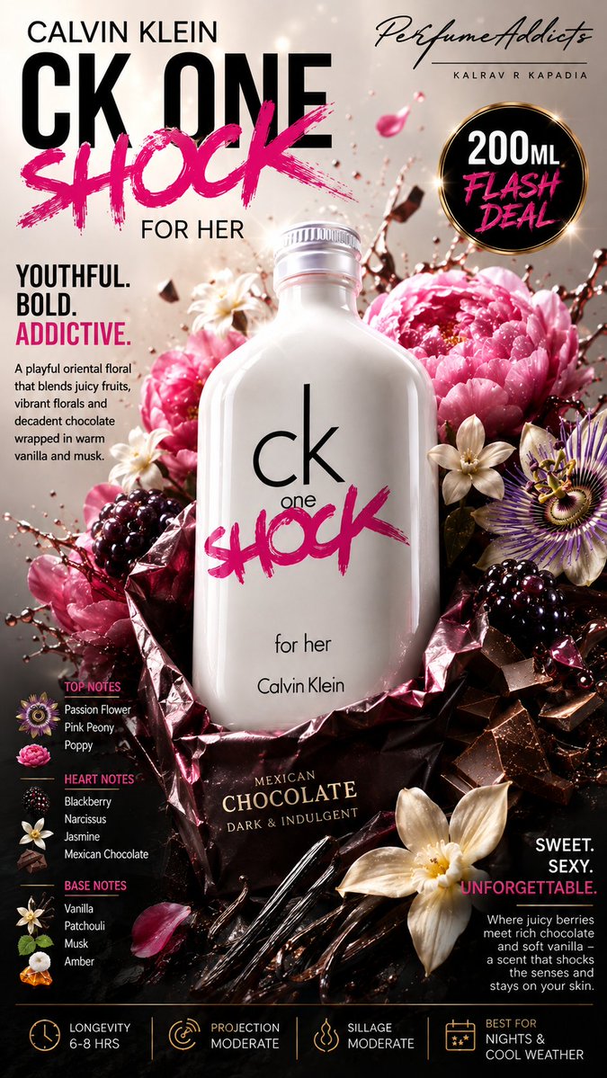 kalravkapadia's tweet photo. PerfumeAddicts Exclusive Deal:
Sweet without being childish. Sexy without trying too hard.
This is one of the biggest hidden gems from Calvin Klein
200ML FLASH DEAL 🚨
Calvin Klien One Shock For Her Pour Femme for women from Calvin Klein 200ml for 3950. #classy #airy #fresh #seductive
Passion Flower • Pink Peony • Poppy • Blackberry • Narcissus • Jasmine • Mexican Chocolate • Vanilla • Patchouli • Musk • Amber
Floral. Gourmand. Magnetic.
A fragrance that smells like pink peonies wrapped in dark Mexican chocolate, dripping with juicy blackberries and finished with creamy vanilla and sensual musk.
If you love fragrances that are sweet, feminine, modern, playful, and compliment-pulling, this deserves a place in your collection.
CK One Shock For Her opens with an electrifying burst of passion flower, airy pink peony, and vibrant poppy, creating an immediate floral rush before luscious blackberries steal the spotlight.
Within minutes, creamy Mexican dark chocolate melts into delicate jasmine and elegant narcissus, giving the fragrance an unexpectedly luxurious gourmand-floral heart.
As it settles, silky Madagascar vanilla, earthy patchouli, soft white musk, and glowing amber leave behind a sensual, creamy trail that feels comforting, modern, and effortlessly feminine.
The contrast between juicy fruits, velvety chocolate, luminous florals, and warm vanilla makes this fragrance smell far more expensive than its price tag.
A white bottle hiding a pink addiction—where peonies bloom through molten Mexican chocolate and vanilla turns every glance into a second look.
Do Not miss it 🔥🔥🔥