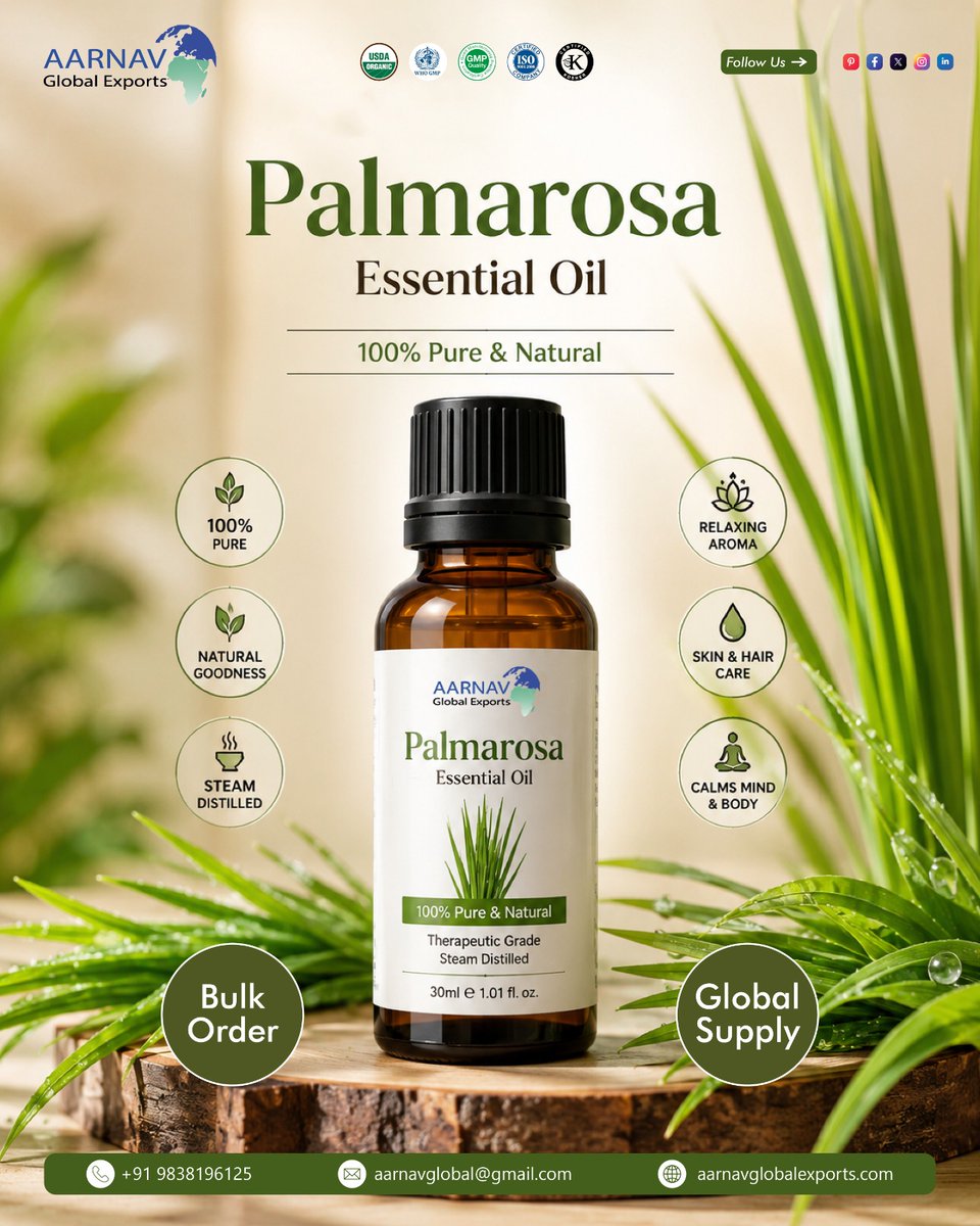 GlobalAarnav's tweet photo. Get Premium Palmarosa Essential Oil from your Trusted Partner

Connect with us for bulk order
📞 +91 9838196125
📧 aarnavglobal@gmail.com
🌐 https://t.co/tHIRAGW7Sa

#PalmarosaEssentialOil #EssentialOilSupplier #BulkEssentialOils #Aromatherapy #naturalwellness https://t.co/bK03Lt3dqs