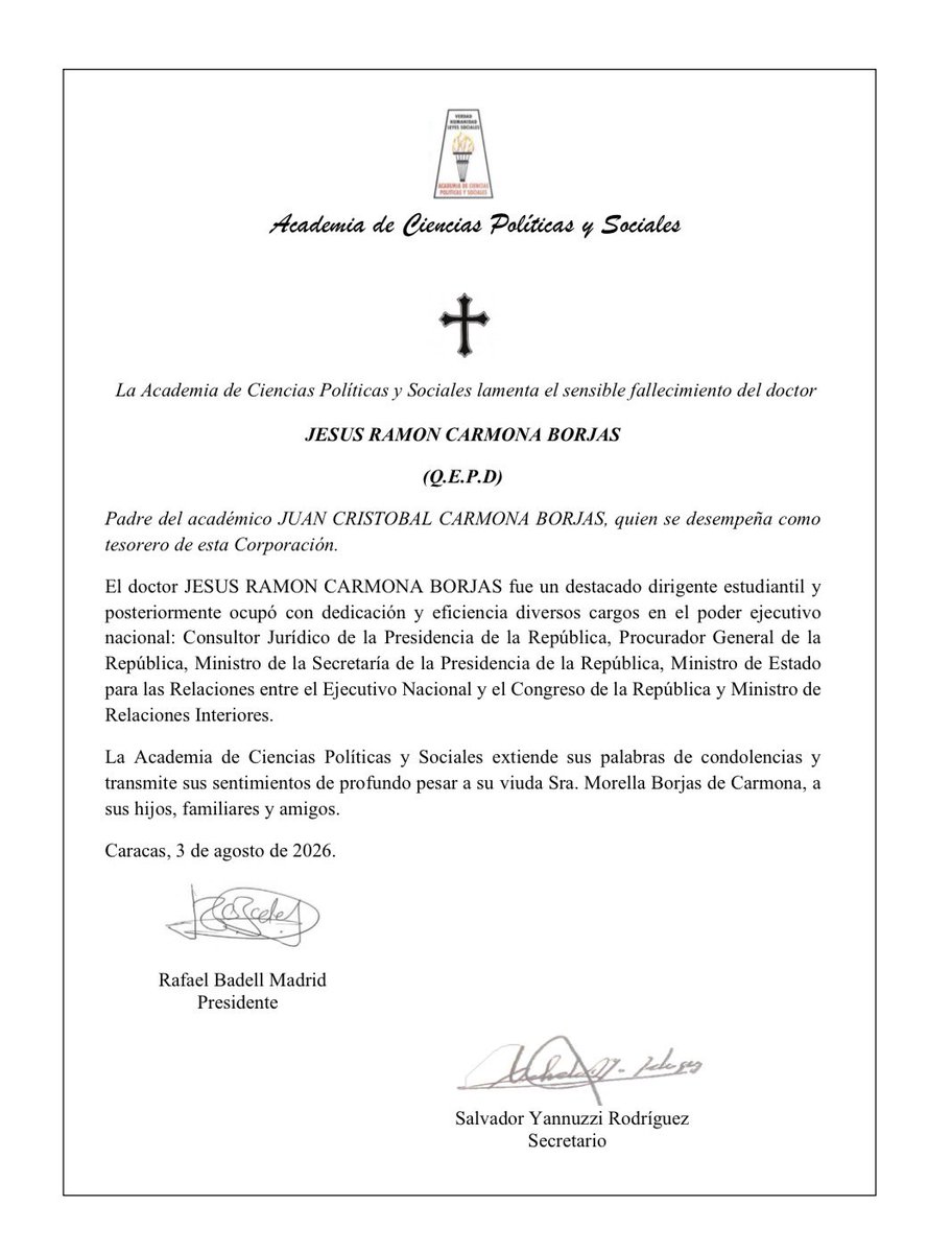 acienpol's tweet photo. Nota de duelo por el sensible fallecimiento del doctor Jesús Ramón Carmona Borjas. Q.E.P.D. https://t.co/YtHSx3VdV7