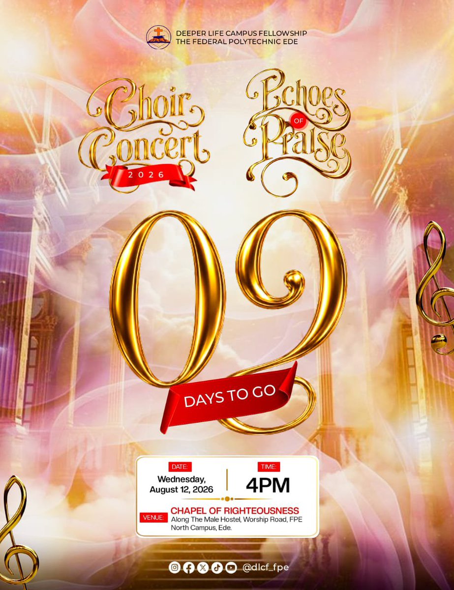 dlcf_fpe's tweet photo. Just 9 days to go! 🎶 Join us for an unforgettable evening of worship and heavenly melodies at the DLCF FPE Choir Concert 2026: Echoes of Praise.
​@dlcf_fpe #EchoesOfPraise2026 #DLCFFPE #ChoirConcert2026 https://t.co/Kemnaes4N3