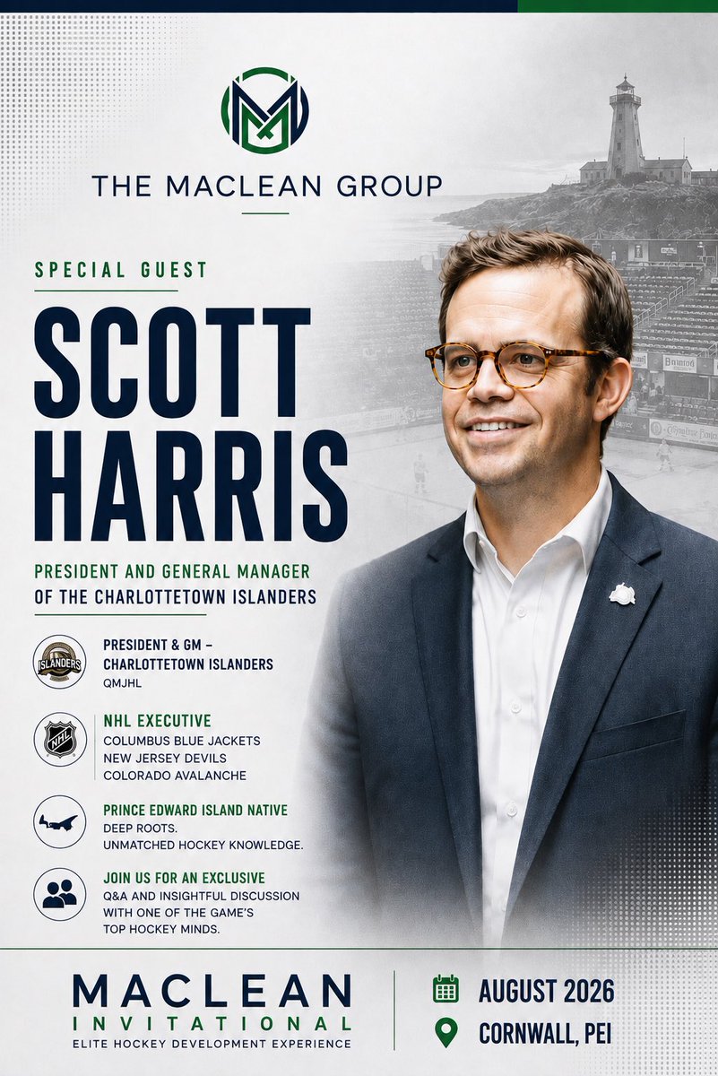macleangroup_'s tweet photo. Proud to welcome Scott Harris to the #MacLeanInvitational!

Current President &amp; GM of the @IslandersHKY , former NHL executive/scout with the @BlueJacketsNHL , @NJDevils &amp; @Avalanche , and a proud PEI native.

Players will get the chance to learn from one of @qmjhl top executives https://t.co/a8TDjVb5Cv