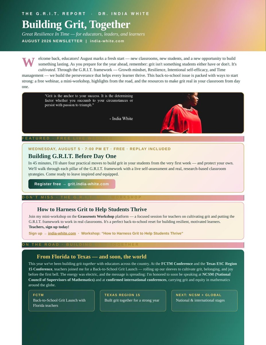 DrIndiaMath's tweet photo. appy August! 🍎 Back-to-school season is here, and my August G.R.I.T. Report is ready to help you start strong. 💪🏽Inside:
🎥 FREE webinar (Aug 5, 7pm EST)
🌱 G.R.I.T. framework tips
🌍 Big news: Heading to #NCSM!
📖 New resources: https://t.co/DVOLbAYIR5
#drindiawhite #grit #nctm https://t.co/5qSgOHE4W7