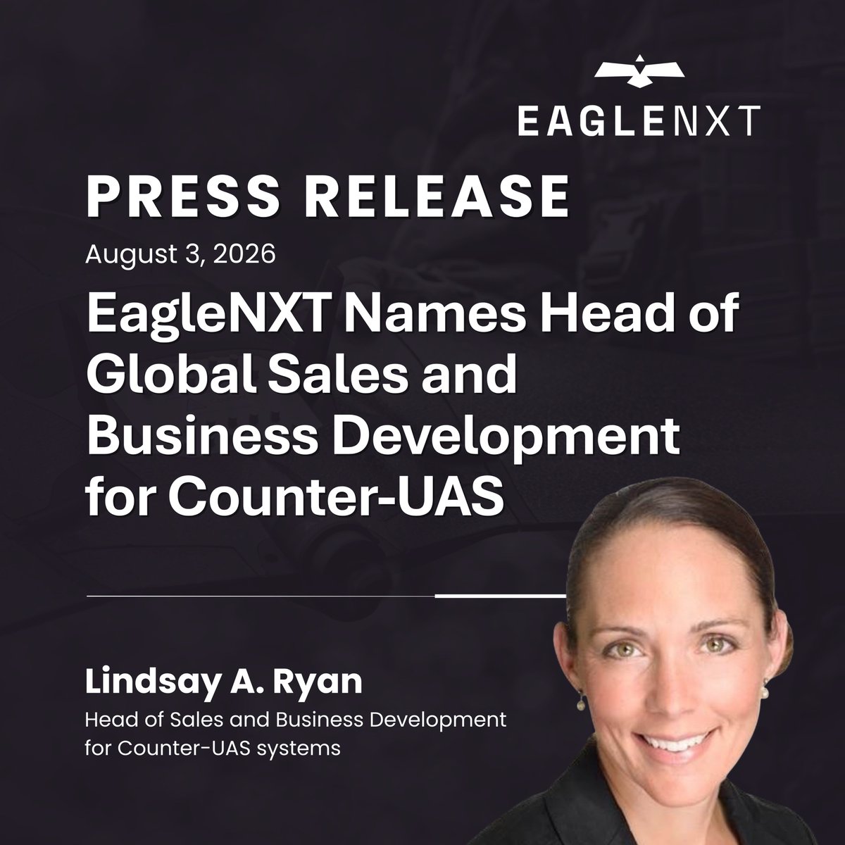 EagleNXT's tweet photo. $UAVS announces the hiring of Lindsay Ryan as Head of Sales &amp; Business Development for Counter-UAS systems. Ryan recently retired from the @USArmy as a Lieutenant Colonel after 21 years of distinguished service. Join us in welcoming her to EagleNXT!

🔗 https://t.co/BSKRr3POHO https://t.co/apgNYyHjBD
