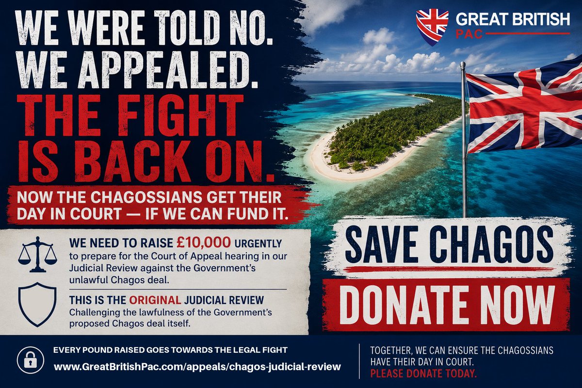 GBPAC_Campaigns's tweet photo. 🚨 British sovereignty is worth fighting for. 
We were told no. We appealed. The fight is back on.
The Court of Appeal has given the Chagossians' Judicial Review another chance, but we now need to raise funds to get back into court.
If you believe the Labour Government should be held accountable and British sovereign territory should not be handed away without proper legal scrutiny, please help. 
Donate today: https://t.co/NbYayDsUqj