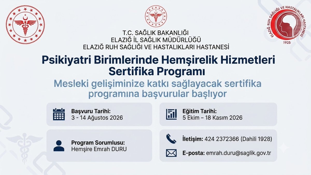 ElazigRuh's tweet photo. Elazığ Ruh Sağlığı ve Hastalıkları Hastanesi tarafından düzenlenen Psikiyatri Birimlerinde Hemşirelik Hizmetleri Sertifikalı Eğitim Programı başvuruları başlamıştır.

Başvuru Evraklarının Detayları ve Hazırlanışı
https://t.co/y7iIsKnwrT https://t.co/iPsMkWHaeB