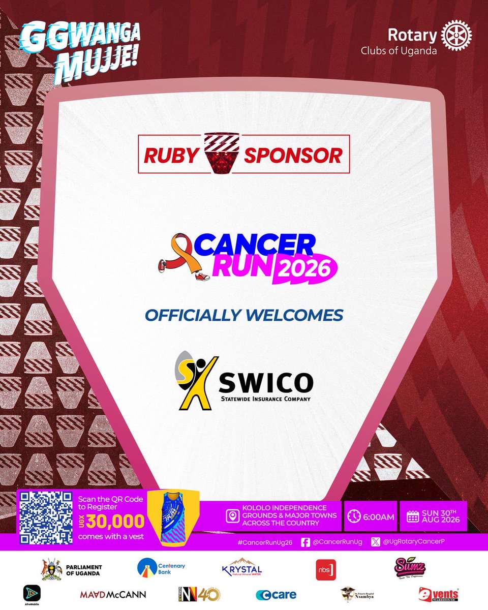 UgRotaryCancerP's tweet photo. A Standing Ovation for Our Ruby  Sponsor! 

We are beyond grateful to our Ruby Sponsor @swico_uganda who have gone beyond and above to support the #CancerRunUg26 under the theme #GgwangaMujje 

Your generous contribution is helping us lead the change in the fight against ♋️ . 

Thank you for being a pillar in this cause.