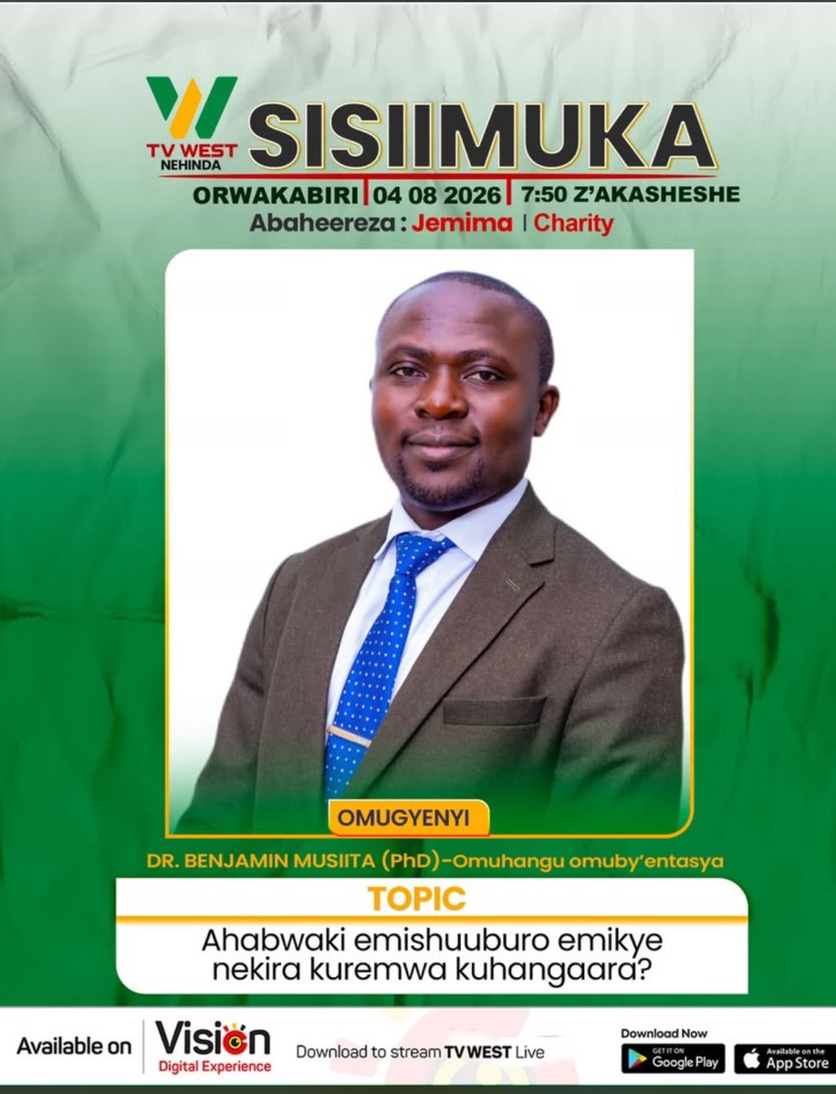 musiitabenjamin's tweet photo. Nituganiira aha '' ahabwaki emishuuburo emikye nekira kuremwa kuhangaara" ,Don't miss out on this show Tomorrow on Tuesday 04/08/2026
@tvwestUG
at exactly 7:50am .With Dr.Benjamin Musiita an Economist.
@THOMASMOREK
@mofpedU
@mustpedc
@MbararaUST
#Research #Sisiimuka
@StatisticsUg https://t.co/THaUZQie5L
