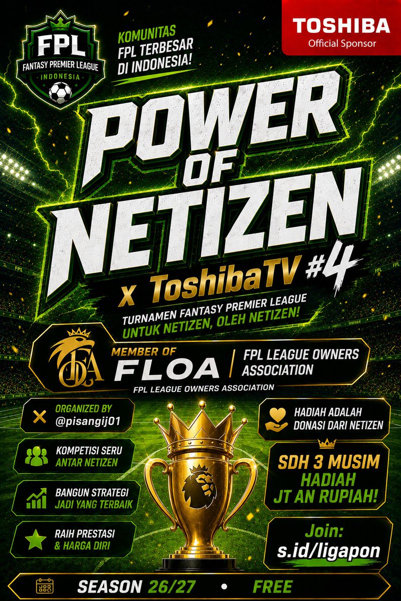 pisangij01's tweet photo. Halo Netizen!!!

Liga Power of Netizen x ToshibaTV kembali hadir untuk musim 26/27!

🎉 Musim ini PON kolab sama @toshibatv_id, nambahin pot hadiah

Konsepnya ttp sama: FREE, tdk ada hadiah tetap — hadiah dari total donasi netizen + tambahan dari Toshiba.

Musim lalu terkumpul Jutaan Rupiah 🙏

REPLY NAMA TIM kalian dan dari KOTA MANA 👇