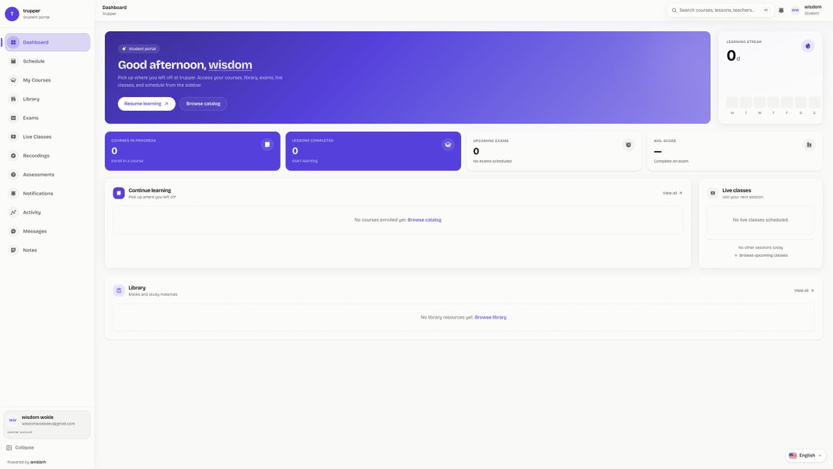 amidarh1's tweet photo. This is what your students see when they log in to your institution.

Clean, simple, distraction-free , built for focus.

Give your students an experience they don't have to fight with.

get started with us for free:
https://t.co/m9nN3ePSAU https://t.co/ToIvwc1Pfd