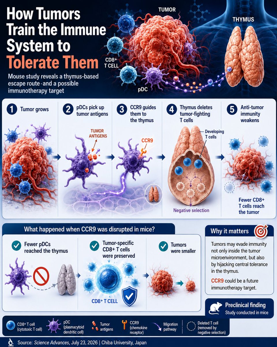 Vaccinologist's tweet photo. Researchers at @Chiba_Univ_PR found that tumors may hijack the #thymus by using pDCs to promote deletion of #tumor-reactive T cells. Blocking the CCR9-dependent pathway preserved CD8+ T cells & reduced tumor growth in mice. #CancerResearch @chibaken_kouhou https://t.co/8DuchDceve https://t.co/znWaITLaXX