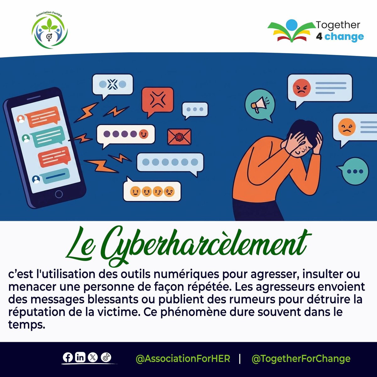 AssoForher's tweet photo. Hello ! tu débutes bien ta semaine ? Nous t’avons manqué ? 
Comme promis, ci-joint les définitions des types de violences en ligne que nous avons identifiées. Elles existent et peuvent toucher tout le monde. Les connaître est le premier pas pour mieux s'en protéger. @CollectifT4C https://t.co/1xibaRMmbk