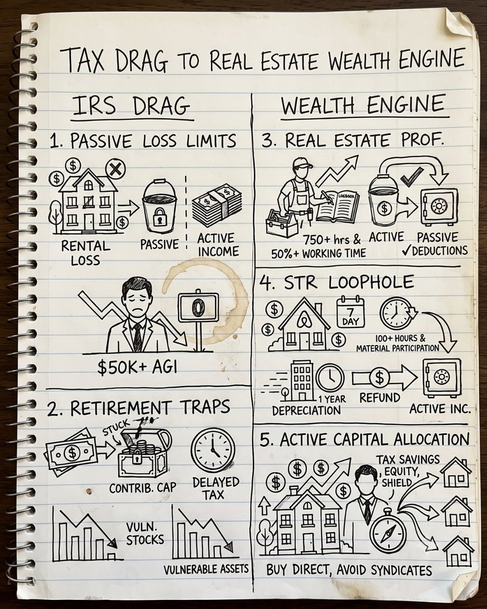 rkatta's tweet photo. You are working 80 hours a week just to watch half your paycheck vanish to taxes. 💡

I watched a high-performing tech executive make over $500K a year and still feel broke.

Why?

Because nearly half his hard-earned paycheck vanished directly into state and federal taxes.

He spent 80 hours a week sacrificing time with his family just to pay a $200K annual tax bill.

He tried maxing out his 401(k) and buying index funds, but his tax drag remained totally unaddressed.

Here’s the deal: the IRS locks your money into three separate buckets.

If you earn $250K+ in corporate wages, passive loss rules prevent your rental depreciation from offsetting your salary.

Your real estate paper losses get completely trapped while your active income gets slaughtered.

Now...

There is a legal way around this structural wall.

By leveraging Real Estate Professional Status (REPS) rules or utilizing the short-term rental exception, you convert passive losses into active deductions.

You can redirect $100K–$1M+ of your tax bill back into physical assets you actually control.

This is how busy executives build a $5M+ portfolio without sacrificing their day jobs.

What is stopping you from turning your single largest annual expense into an asset that builds legacy wealth?